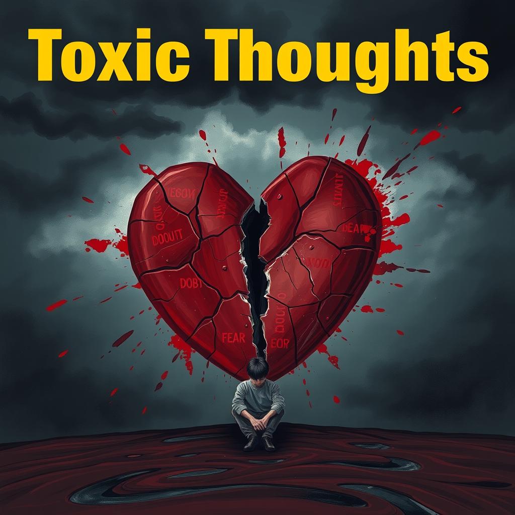 A realistic illustration of a shattered heart design, surrounded by ominous dark storm clouds to symbolize conflict
