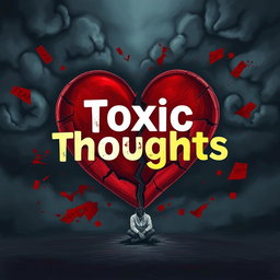 A realistic illustration of a shattered heart design, surrounded by ominous dark storm clouds to symbolize conflict