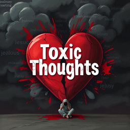 A realistic illustration of a shattered heart design, surrounded by ominous dark storm clouds to symbolize conflict