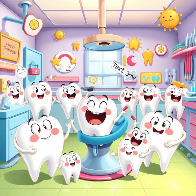 A whimsical scene featuring a collection of cartoonish, anthropomorphized teeth with curious expressions, each tooth showcasing different facial features and emotions