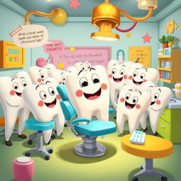 A whimsical scene featuring a collection of cartoonish, anthropomorphized teeth with curious expressions, each tooth showcasing different facial features and emotions