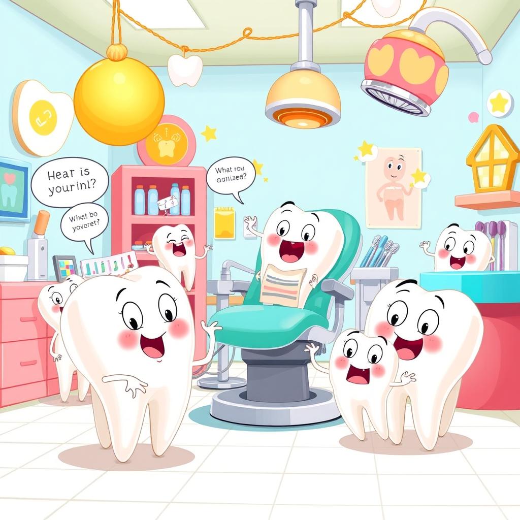 A whimsical scene featuring a collection of cartoonish, anthropomorphized teeth with curious expressions, each tooth showcasing different facial features and emotions