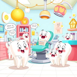 A whimsical scene featuring a collection of cartoonish, anthropomorphized teeth with curious expressions, each tooth showcasing different facial features and emotions