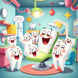 A whimsical scene featuring a collection of cartoonish, anthropomorphized teeth with curious expressions, each tooth showcasing different facial features and emotions