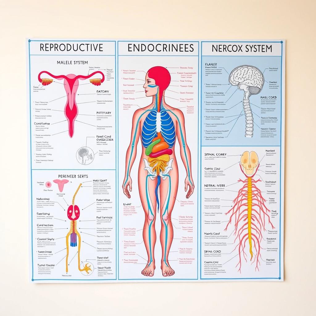 An educational poster illustrating the reproductive, endocrine, and nervous systems