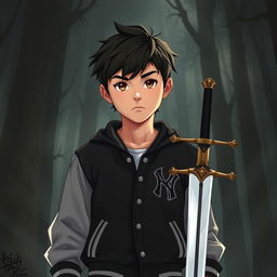 A striking illustration of a 15-year-old boy standing confidently at the center of the image