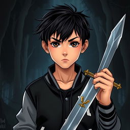 A striking illustration of a 15-year-old boy standing confidently at the center of the image