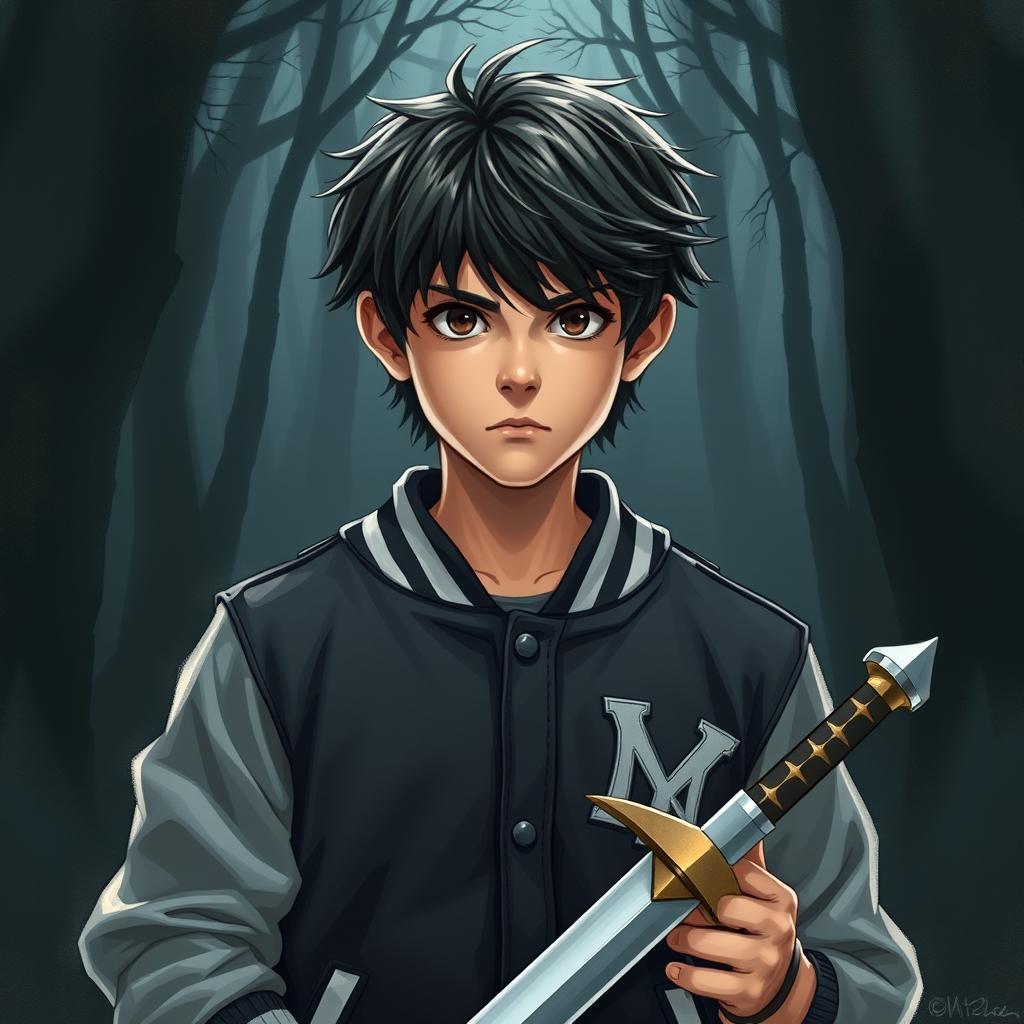A striking illustration of a 15-year-old boy standing confidently at the center of the image