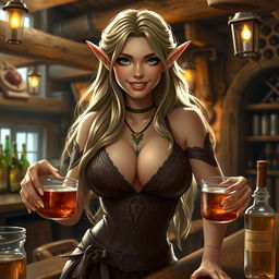 A captivating female elf barmaid with a seductive warm smile serving drinks