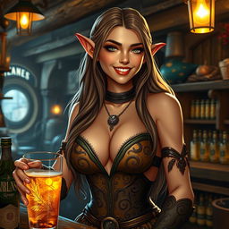A captivating female elf barmaid with a seductive warm smile serving drinks