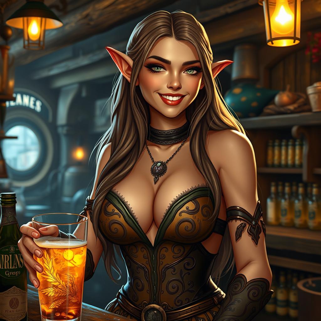 A captivating female elf barmaid with a seductive warm smile serving drinks