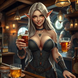 A captivating female elf barmaid with a seductive warm smile serving drinks