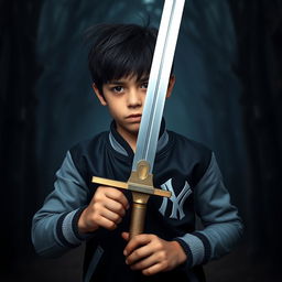A captivating image of a 15-year-old boy standing bravely at the center of the composition