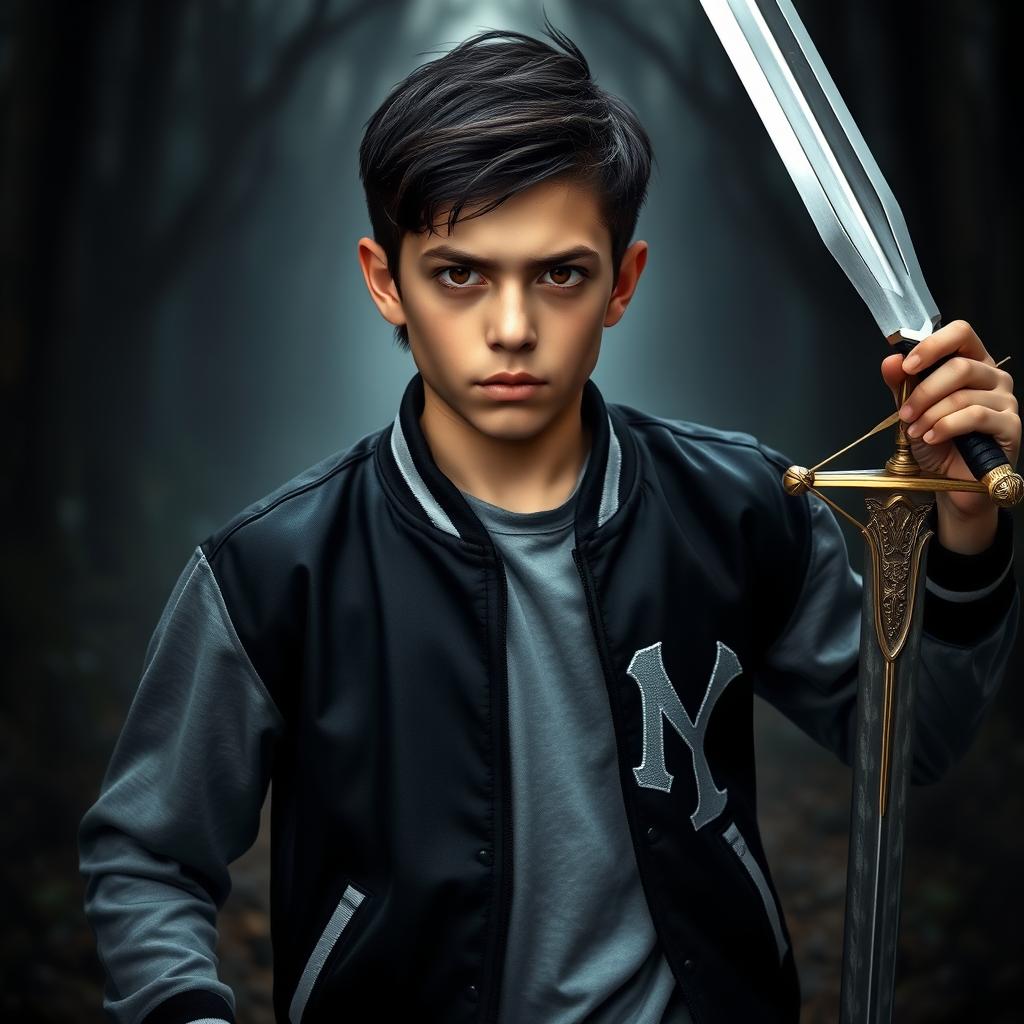 A captivating image of a 15-year-old boy standing bravely at the center of the composition