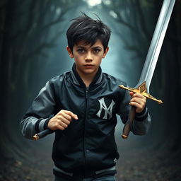 A captivating image of a 15-year-old boy standing bravely at the center of the composition