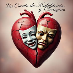 A broken heart symbolizing deep emotion, featuring two masks intertwined at the center - one of comedy and one of tragedy