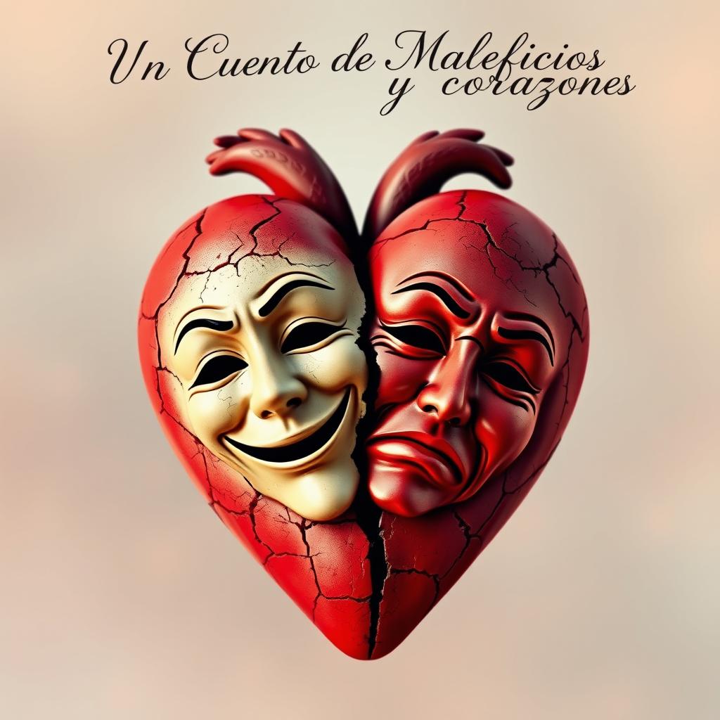 A broken heart symbolizing deep emotion, featuring two masks intertwined at the center - one of comedy and one of tragedy