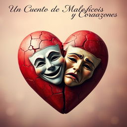 A broken heart symbolizing deep emotion, featuring two masks intertwined at the center - one of comedy and one of tragedy