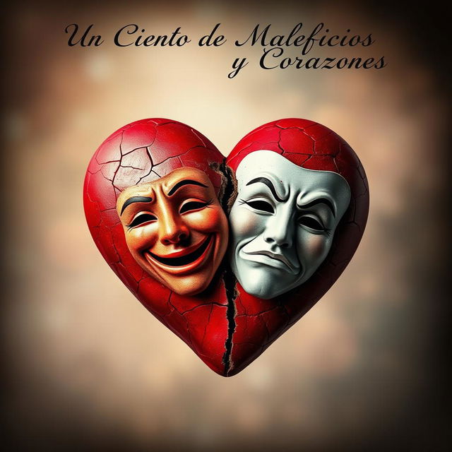 A broken heart symbolizing deep emotion, featuring two masks intertwined at the center - one of comedy and one of tragedy