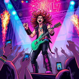 A dynamic and electrifying illustration of a rockstar performing on stage, surrounded by colorful lights and an excited crowd