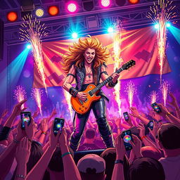 A dynamic and electrifying illustration of a rockstar performing on stage, surrounded by colorful lights and an excited crowd