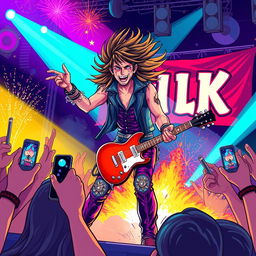 A dynamic and electrifying illustration of a rockstar performing on stage, surrounded by colorful lights and an excited crowd