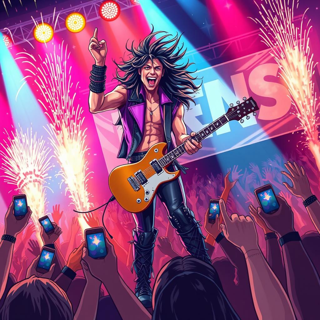 A dynamic and electrifying illustration of a rockstar performing on stage, surrounded by colorful lights and an excited crowd