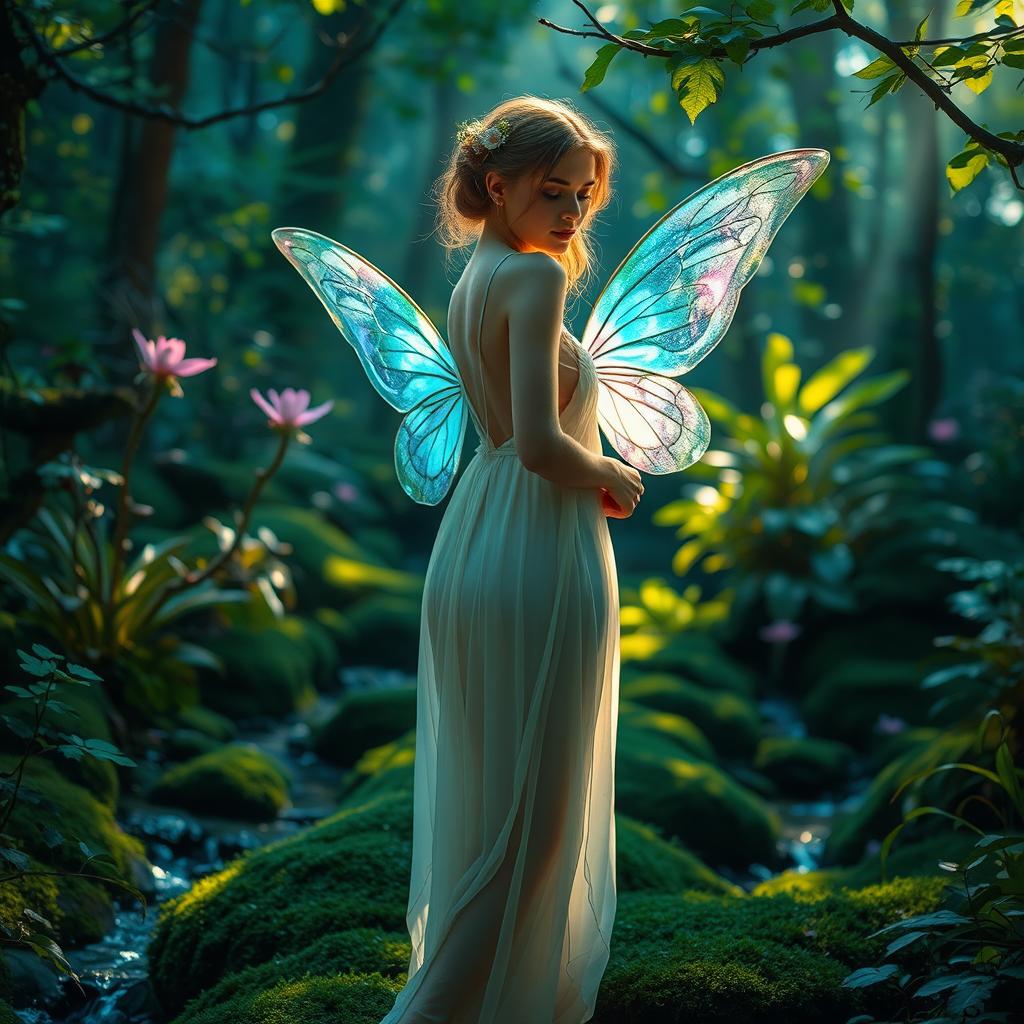 A woman gracefully standing in an enchanted forest, surrounded by ethereal glowing lights and whimsical plants