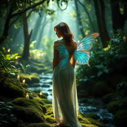 A woman gracefully standing in an enchanted forest, surrounded by ethereal glowing lights and whimsical plants