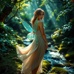 A woman gracefully standing in an enchanted forest, surrounded by ethereal glowing lights and whimsical plants