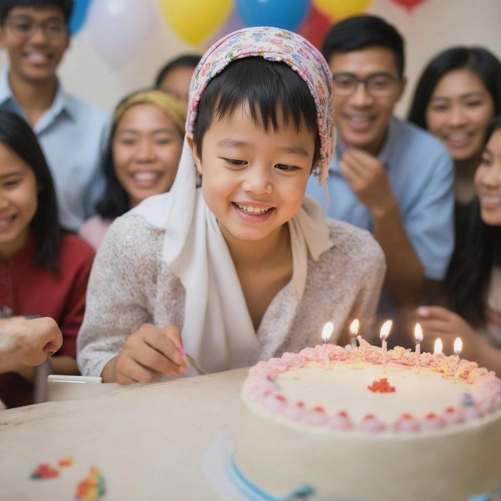 A joyful birthday celebration featuring a young woman wearing glasses and a headscarf, smiling as she prepares to cut a beautifully decorated cake with lit candles
