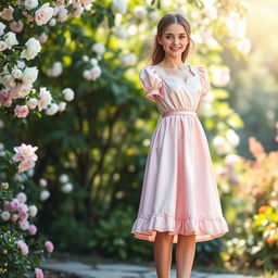 A beautiful satin dress designed for a young woman, featuring a soft, flowing silhouette