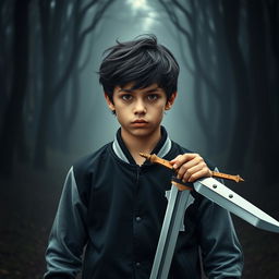 A dynamic image of a 15-year-old boy standing boldly at the center of the frame
