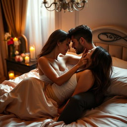 An intimate bedroom scene capturing a passionate moment between a couple on a luxurious bed with satin sheets