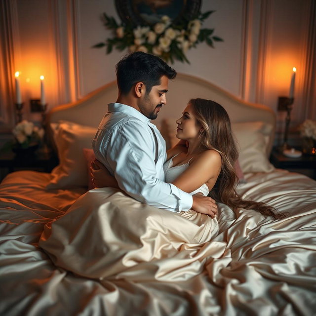 An intimate bedroom scene capturing a passionate moment between a couple on a luxurious bed with satin sheets