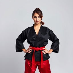 A full body portrait of a beautiful woman standing confidently with hands on her hips
