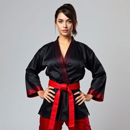 A full body portrait of a beautiful woman standing confidently with hands on her hips