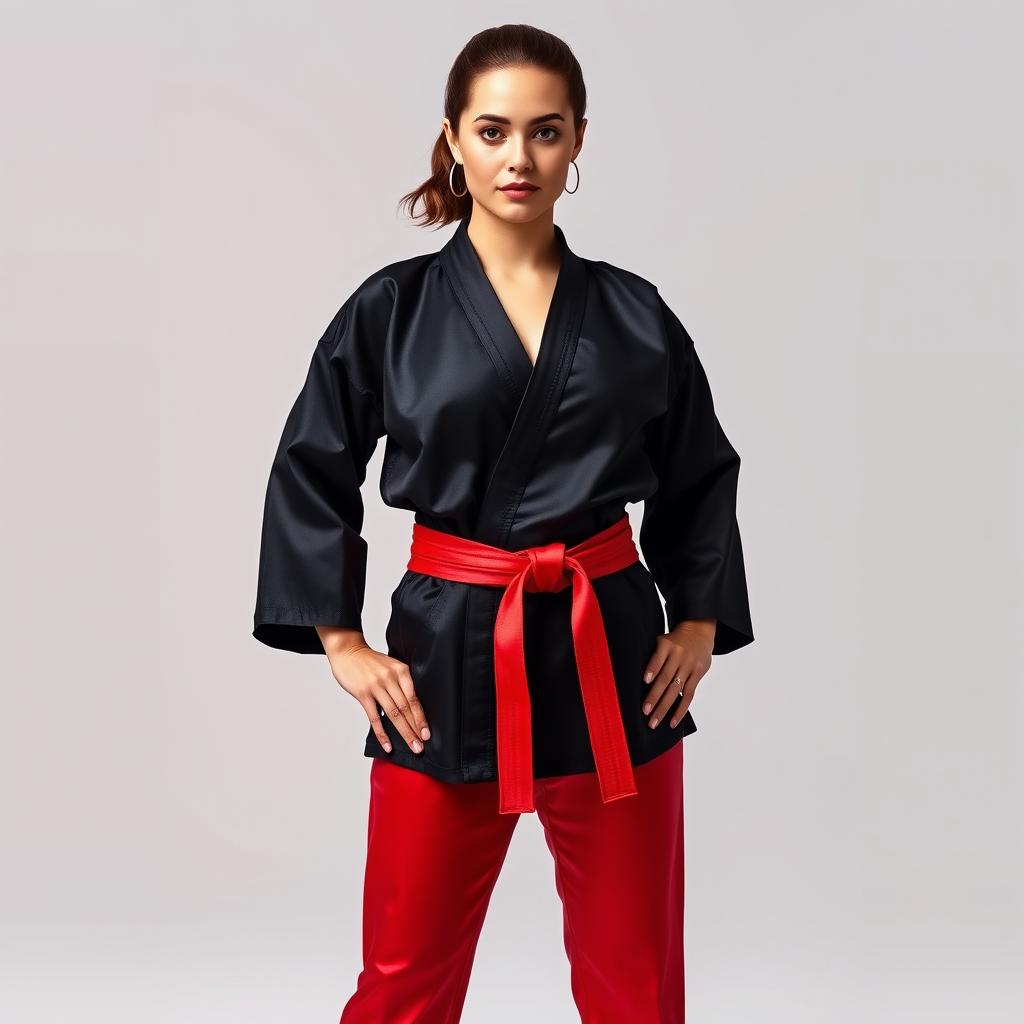 A full body portrait of a beautiful woman standing confidently with hands on her hips