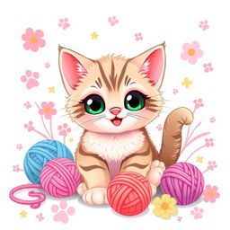 A playful and adorable design for a t-shirt featuring a cute cat with big expressive eyes, soft fur, and a cheerful expression