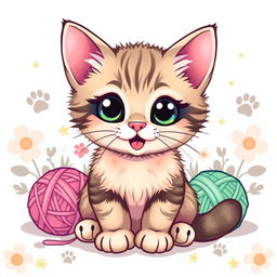 A playful and adorable design for a t-shirt featuring a cute cat with big expressive eyes, soft fur, and a cheerful expression