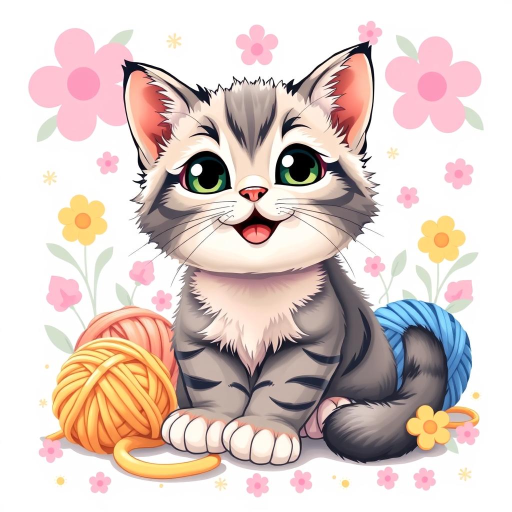 A playful and adorable design for a t-shirt featuring a cute cat with big expressive eyes, soft fur, and a cheerful expression