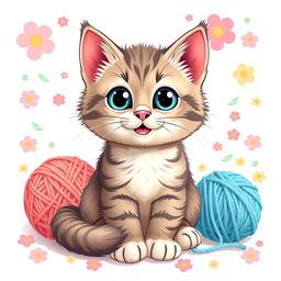 A playful and adorable design for a t-shirt featuring a cute cat with big expressive eyes, soft fur, and a cheerful expression