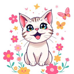A colorful and trendy t-shirt design featuring an adorable cat with big sparkling eyes and a playful expression