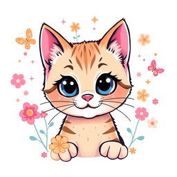 A colorful and trendy t-shirt design featuring an adorable cat with big sparkling eyes and a playful expression