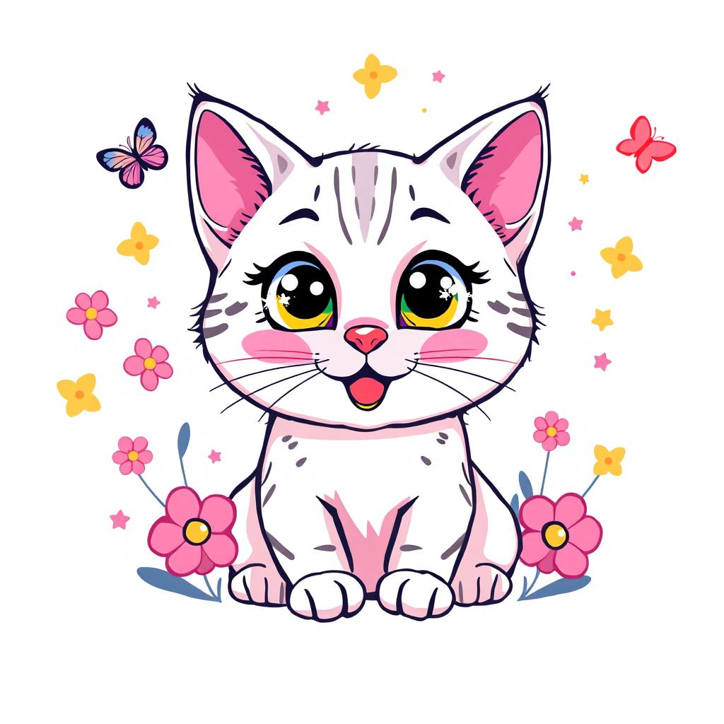 A colorful and trendy t-shirt design featuring an adorable cat with big sparkling eyes and a playful expression