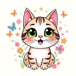A colorful and trendy t-shirt design featuring an adorable cat with big sparkling eyes and a playful expression