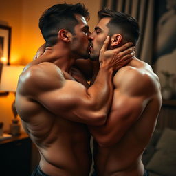 A dynamic and intense scene of two muscular men engaged in passionate intimacy, with one man passionately kissing the other while demonstrating deep desire