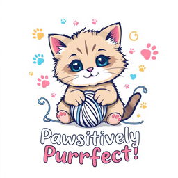A playful and cute t-shirt design featuring an adorable cat playing with a ball of yarn