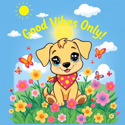 A vibrant and playful t-shirt design featuring an adorable cartoon-style dog with big sparkling eyes, wearing a colorful bandana around its neck