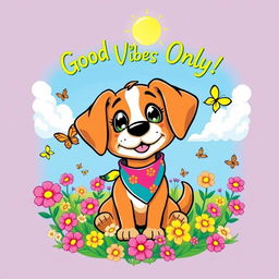 A vibrant and playful t-shirt design featuring an adorable cartoon-style dog with big sparkling eyes, wearing a colorful bandana around its neck